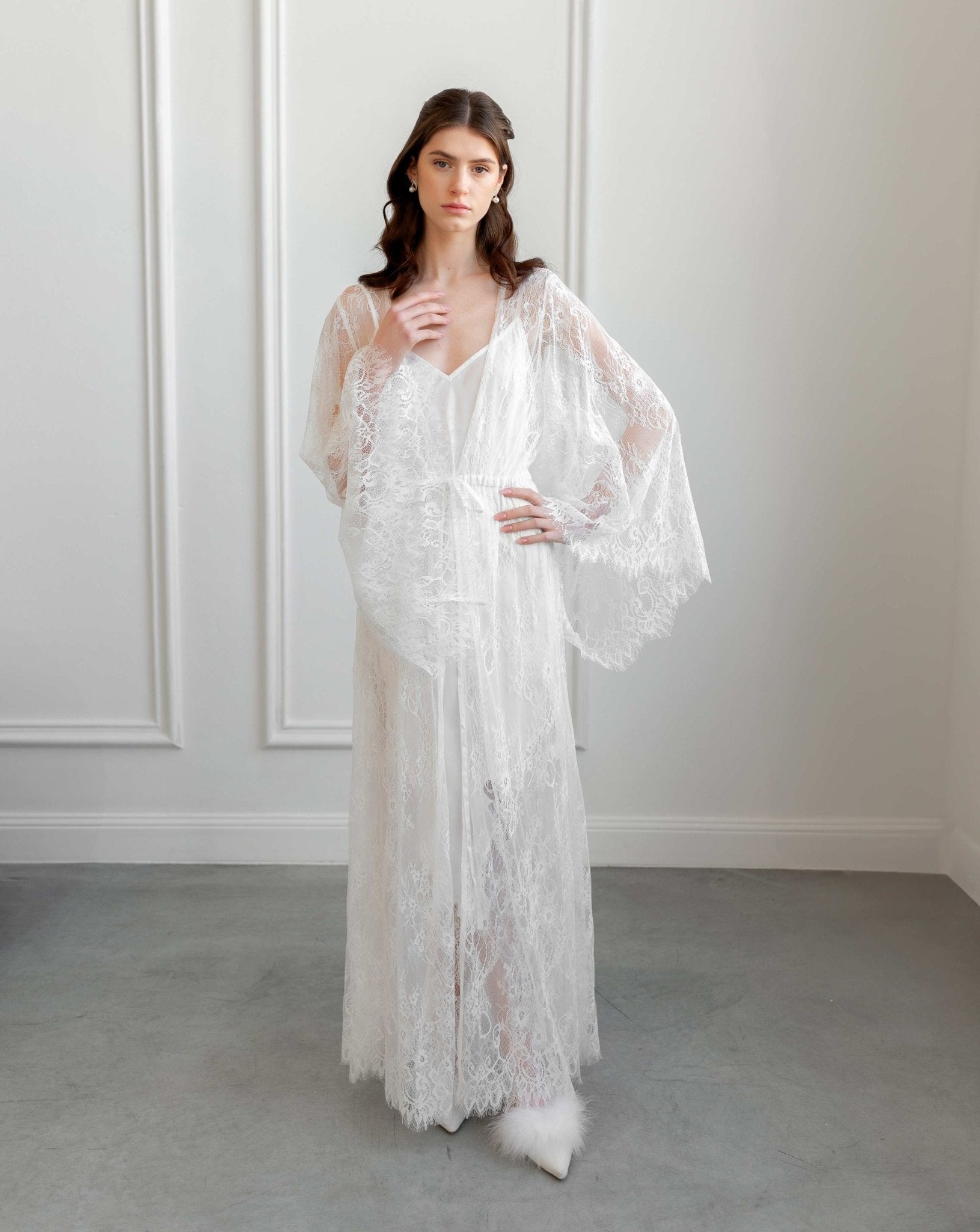 White lace robe and nightgown set styled with soft waves and bridal makeup - Kafemme Loungewear