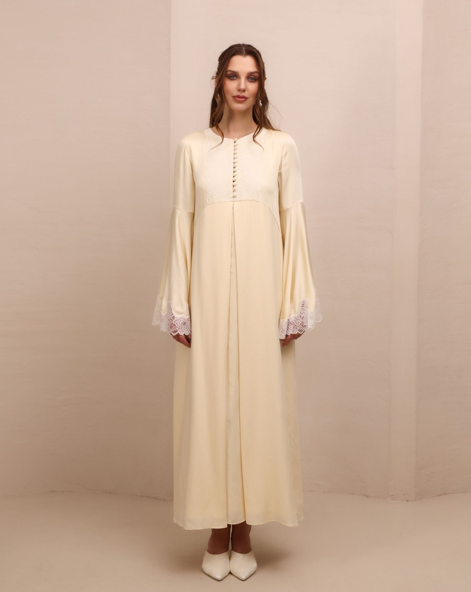 A serene static view of the Modest Lounge Dress, designed for an elegant and comfortable look at home.