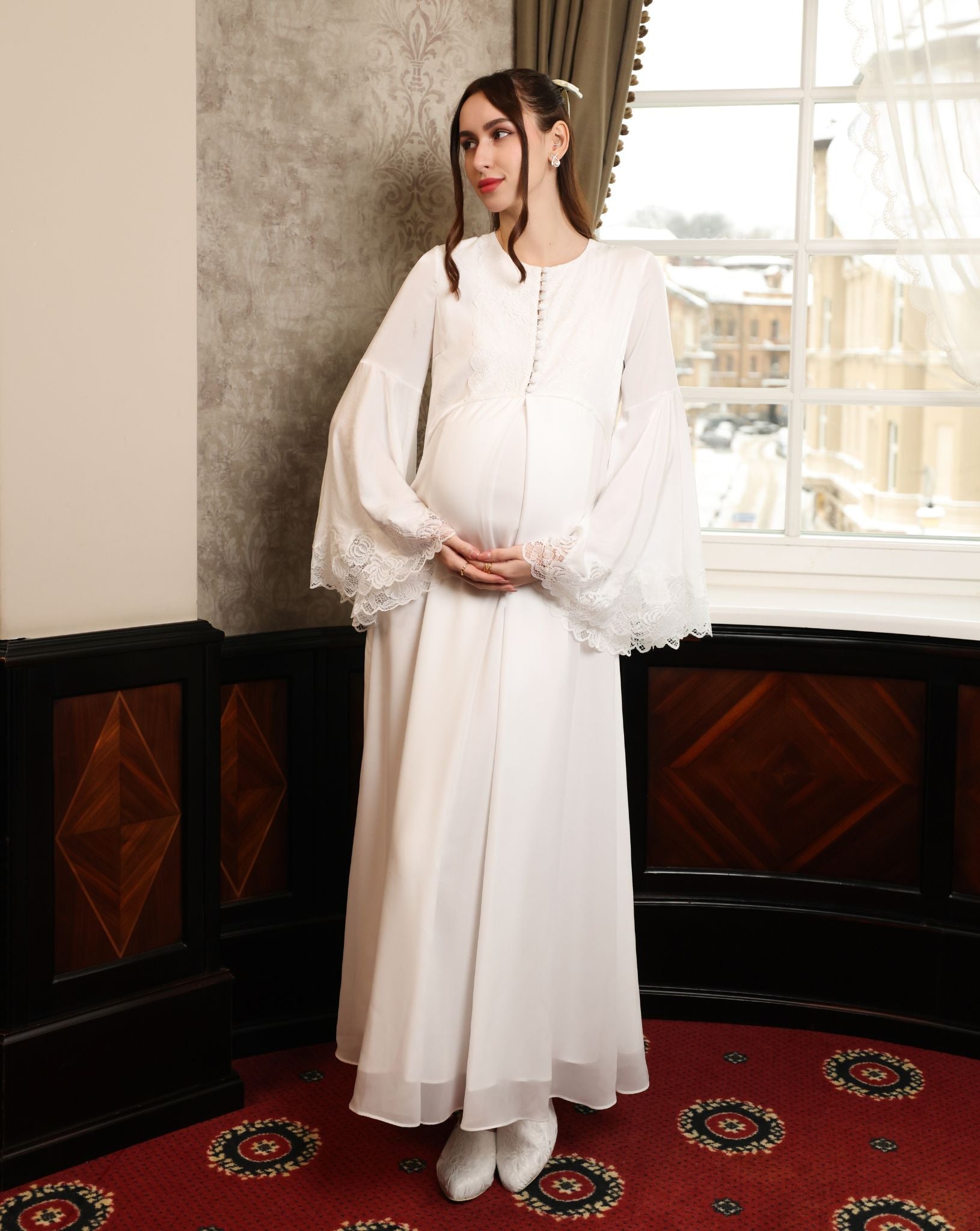 Full-length view of the Modest Lounge Dress, showcasing the layered chiffon skirt and elongated silhouette.