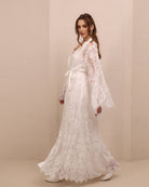 A dynamic view of the Robe and Nightgown Set, capturing the elegant movement of the lace-adorned fabric.