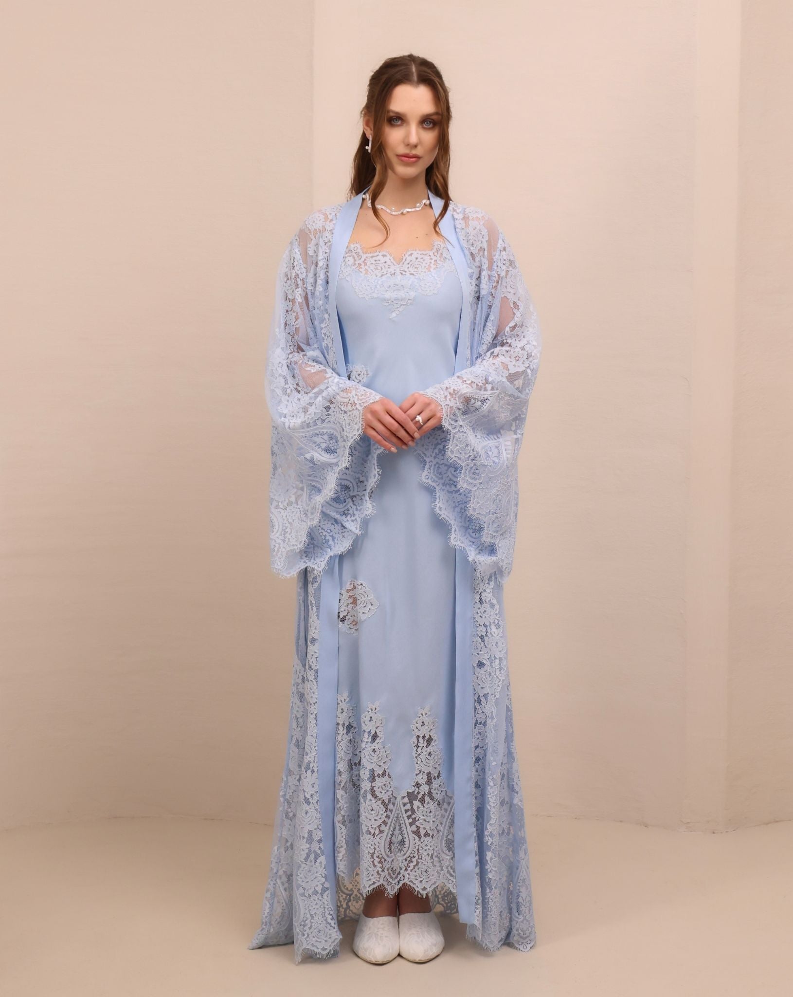 A static frontal view of the Robe and Nightgown Set, showcasing the soft, timeless silhouette and refined aesthetic.