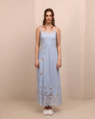 Frontal view of the nightgown, showcasing the scattered lace appliqués through the body and the hem.