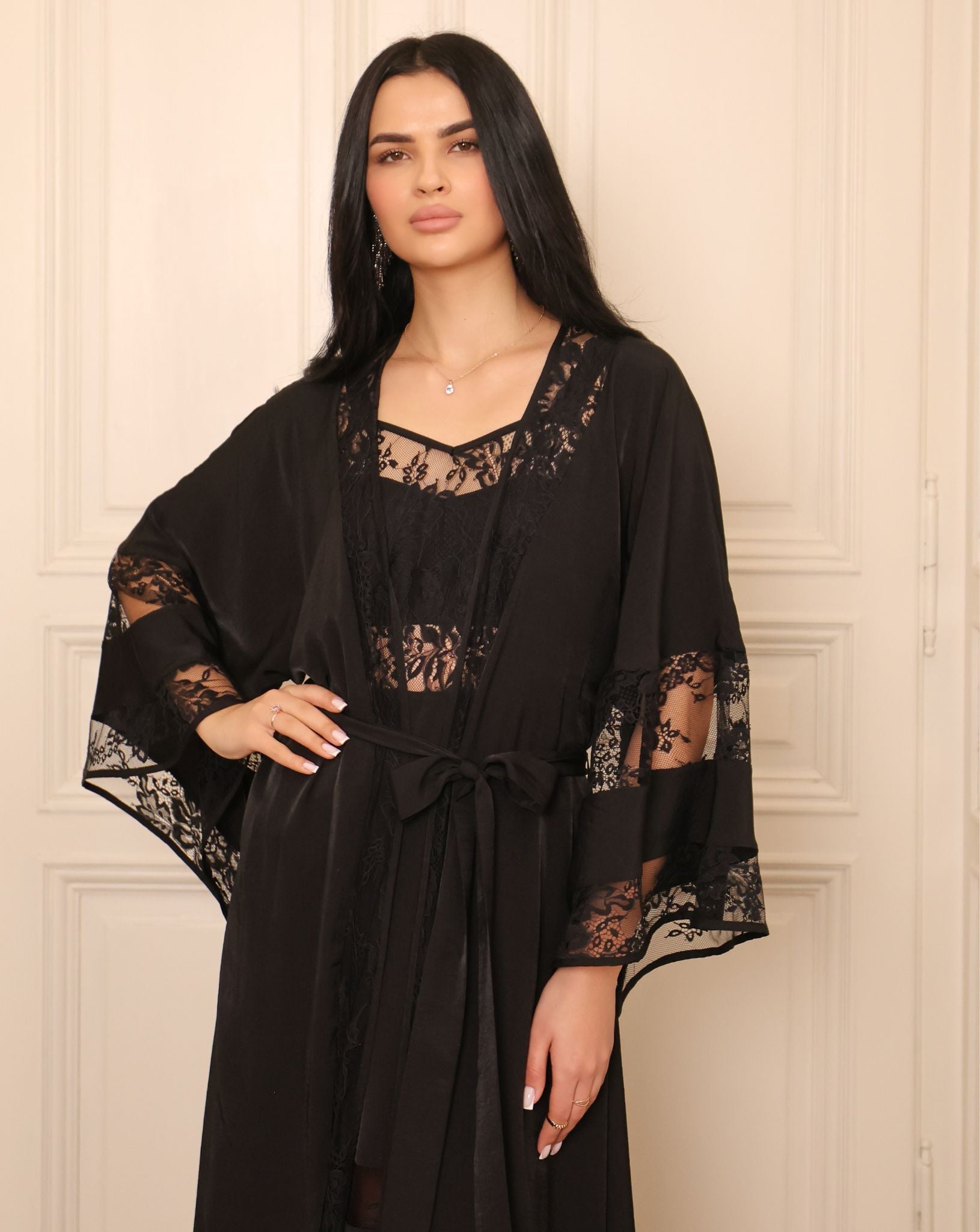 Mid-length shot of the Robe and Nightgown Set, showcasing the elegant finish and romantic floral lace detailing.