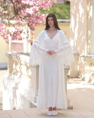 A serene static view of the Robe and Nightgown Set, capturing the graceful elongated silhouette and elegant lace.