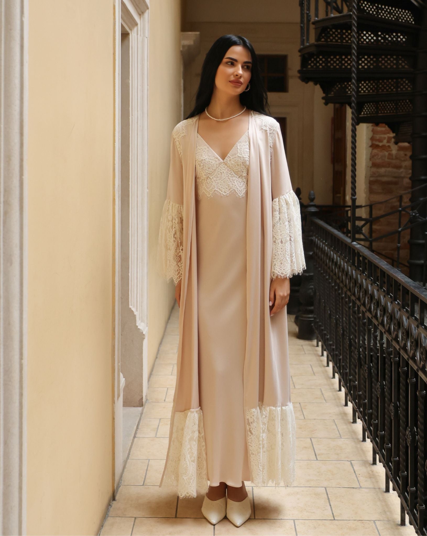 A serene static view of the full ensemble, illustrating the balanced design and the polished, feminine aesthetic.