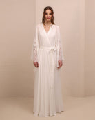 A final static view of the tied ensemble, illustrating the balance of romance and comfort for the home wardrobe.