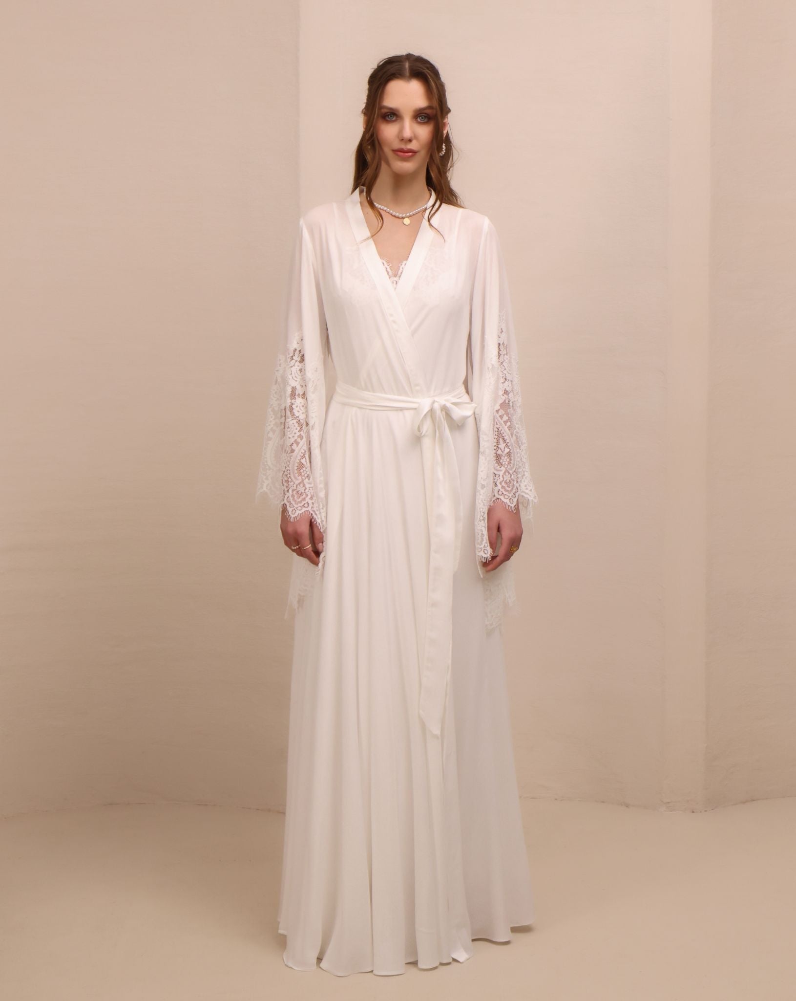 A final static view of the tied ensemble, illustrating the balance of romance and comfort for the home wardrobe.