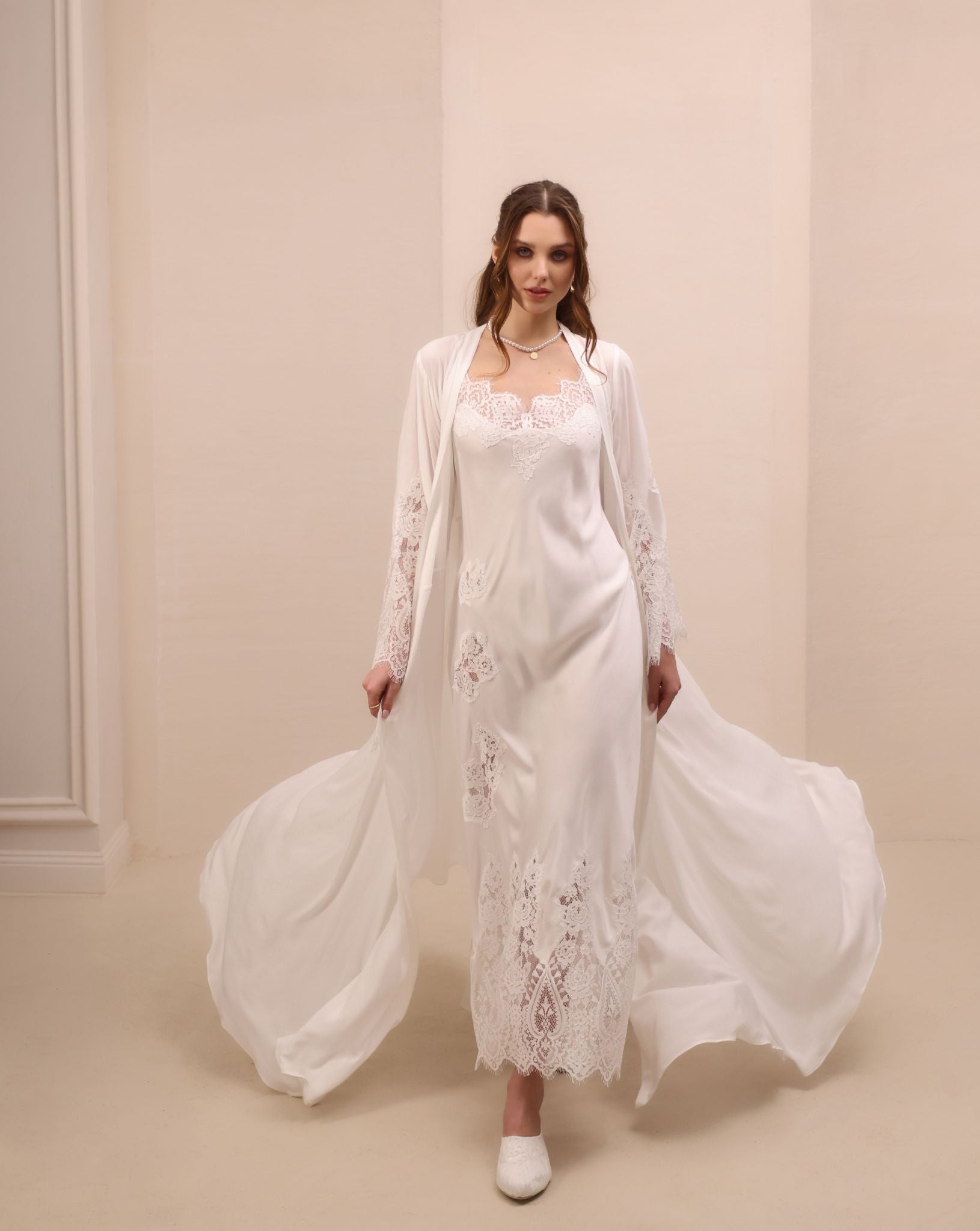 A spirited shot of the Robe and Nightgown Set in motion, highlighting the perfect balance of romance and ease.