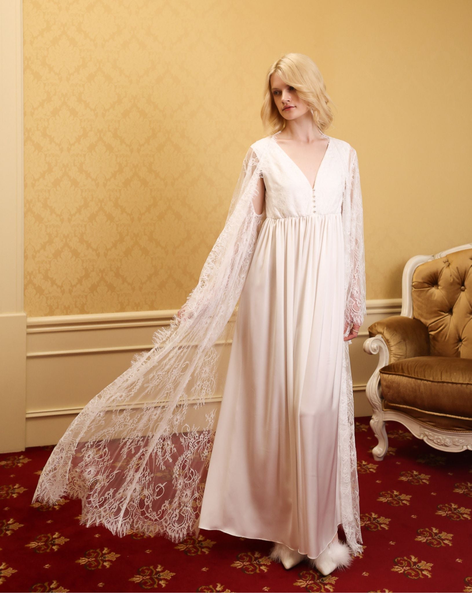 White Maternity Robe and Nightgown Set with a flowing lace robe that moves beautifully in a full-length shot.