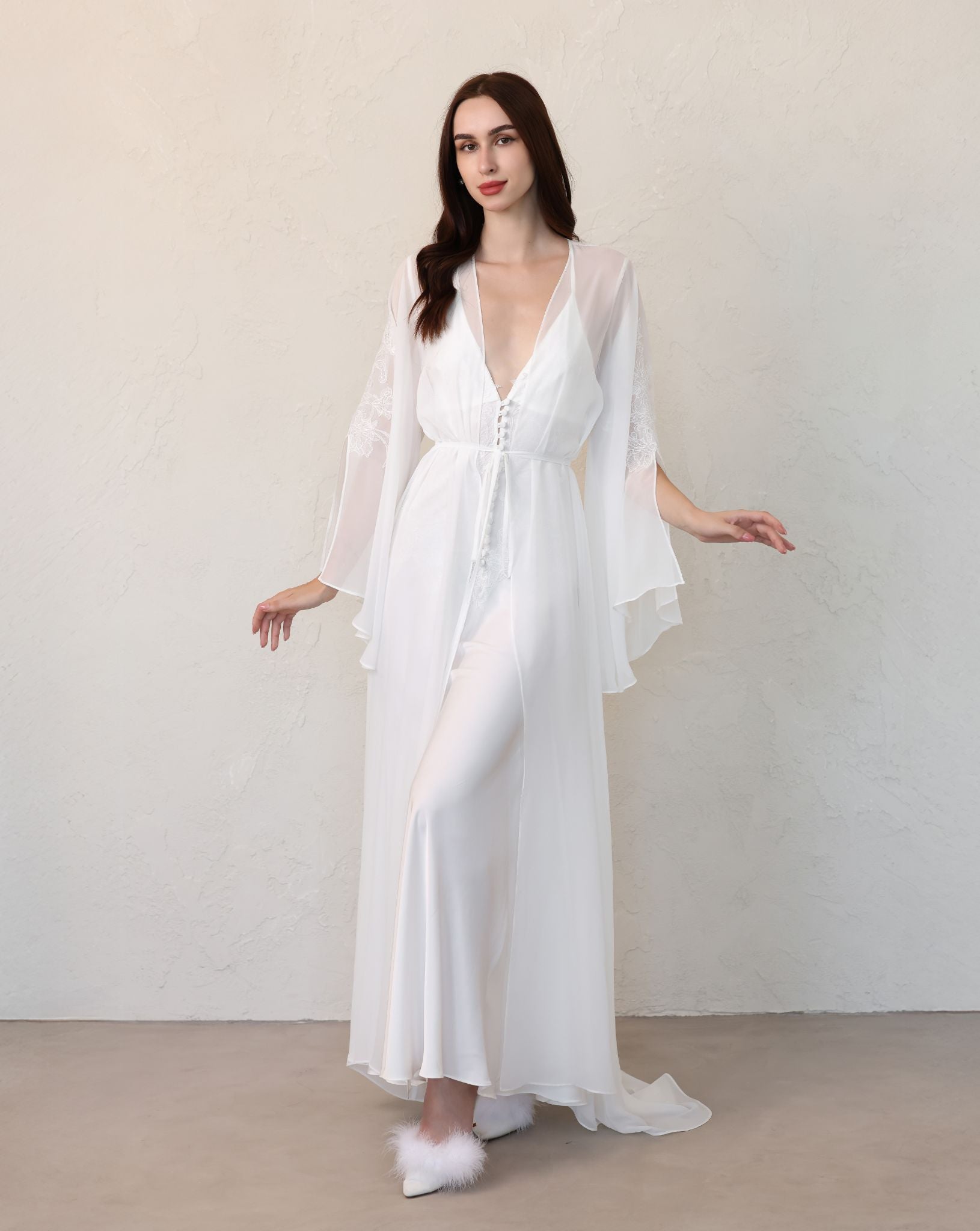 White Robe and Nightgown Set in a full-length shot, featuring a sheer robe tied at the waist over a satin dress.