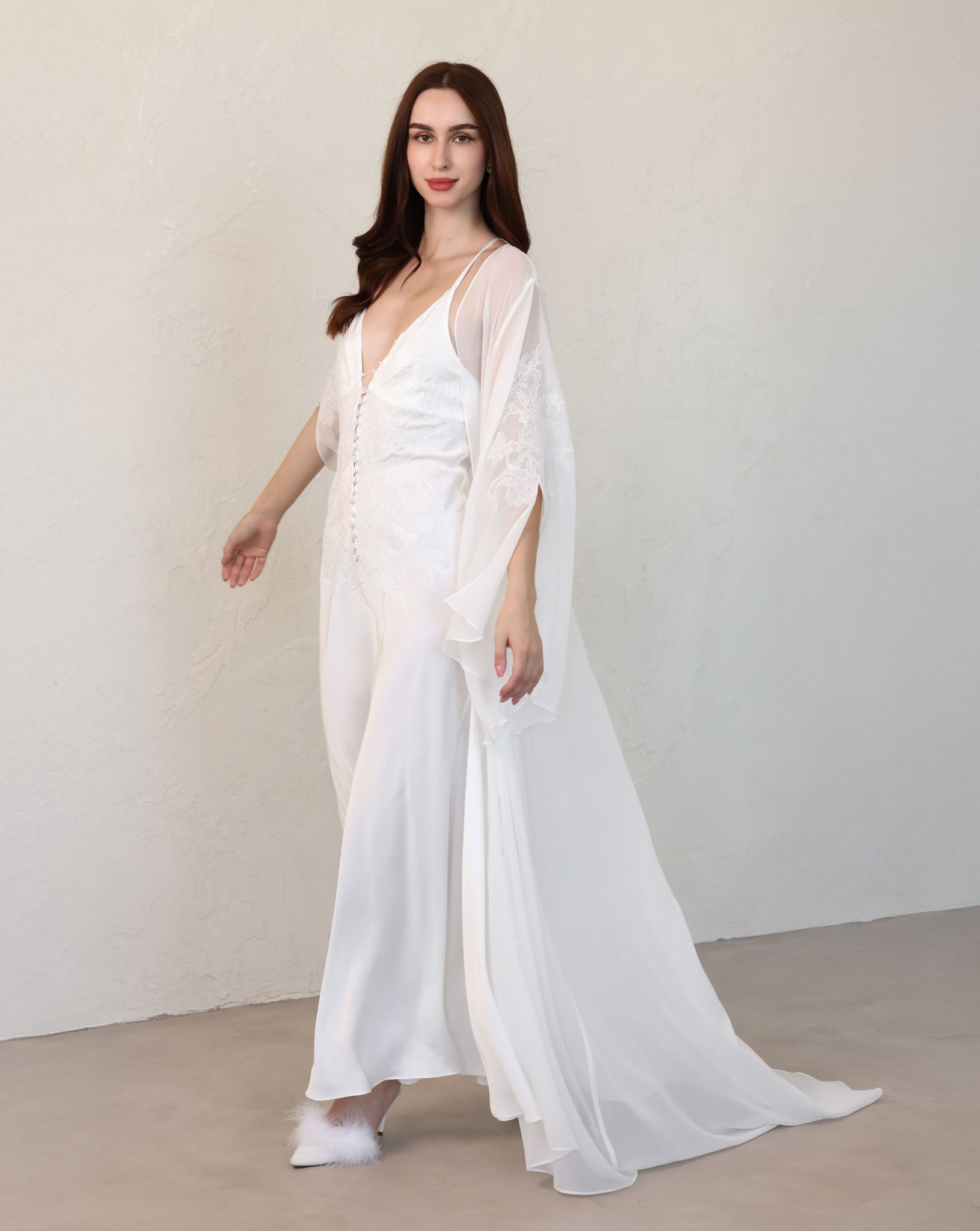 Elegant white Robe and Nightgown Set in a full-length shot, featuring a sheer robe and a nightdress with a soft train.