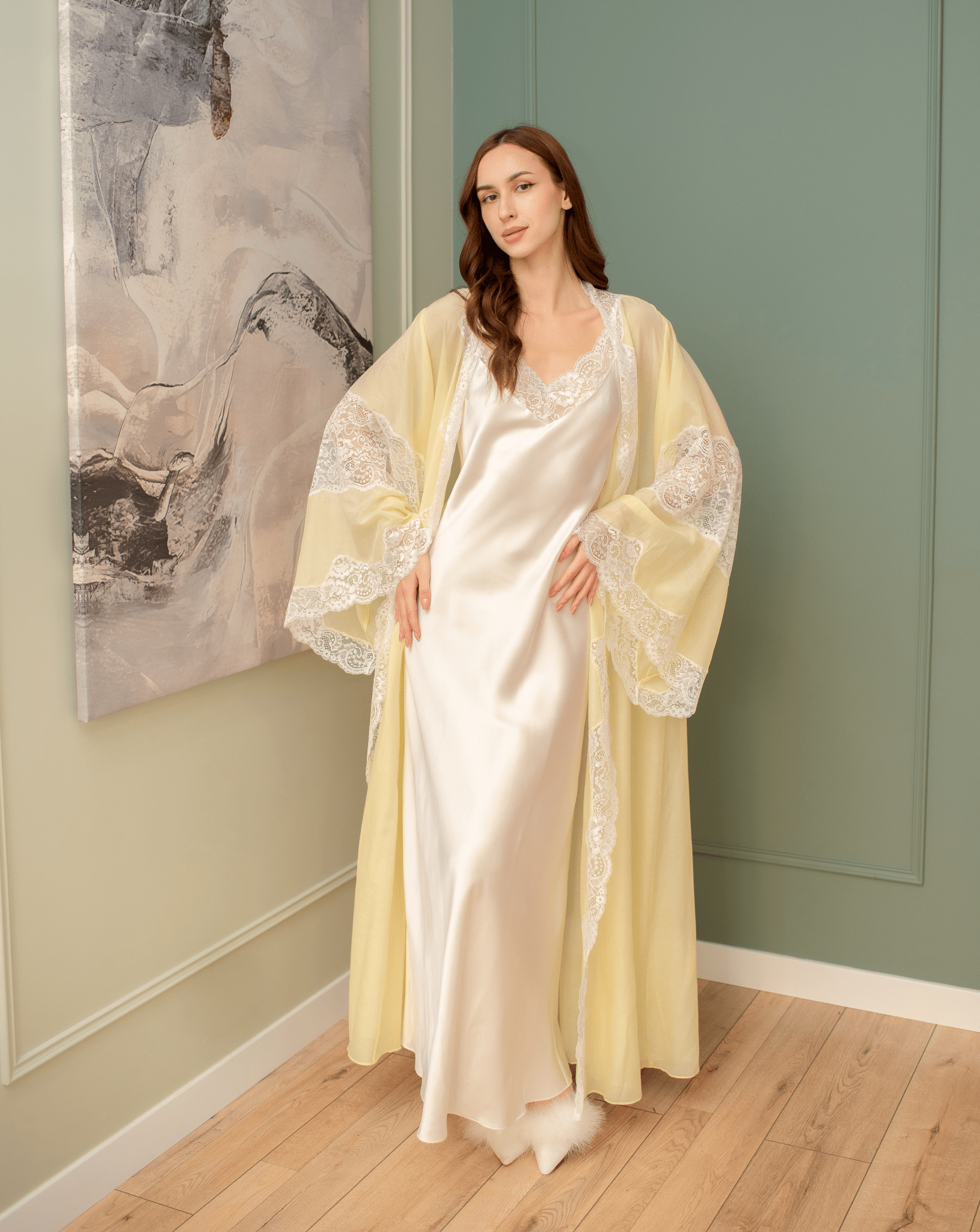 Full-length view of the Silk Robe and Nightgown Set with hands on the hips, showcasing the graceful silk drape.