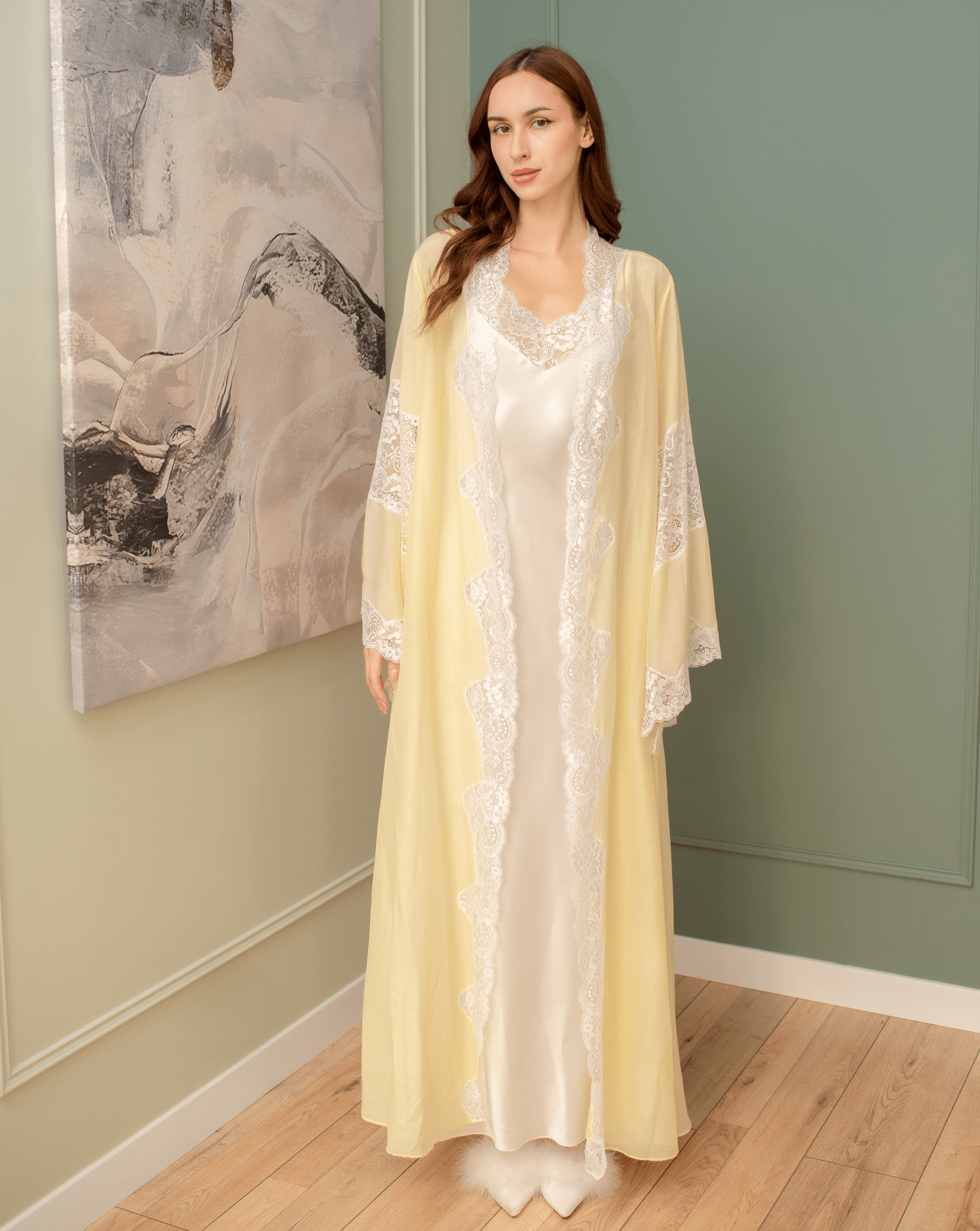 A straightforward full-length view of the Silk Robe and Nightgown Set, celebrating the natural softness of silk.