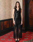 Frontal shot of the 100% silk nightgown, highlighting the smooth, flowing silhouette and delicate lace-trimmed hem.