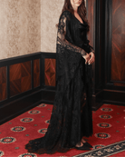 A side perspective of the Silk Robe and Nightgown Set, capturing the soft train that trails behind for a statement finish.