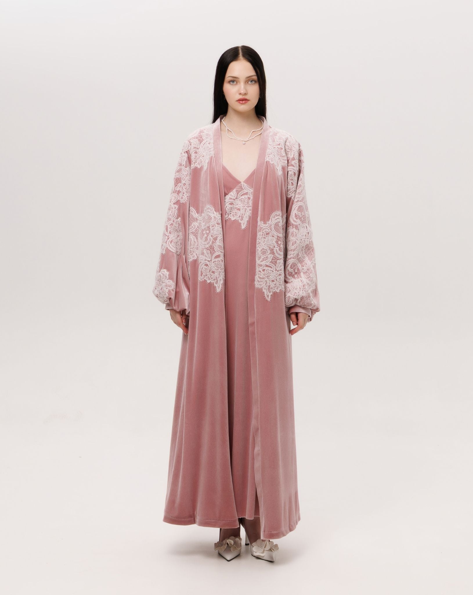 Full-length frontal shot of the complete set, designed for elegant lounging during the cold months.