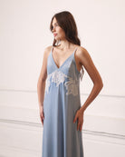 Detailed front shot of the Velvet Robe and Nightgown Set focus on the intricate lace work and plush velvet fabric.