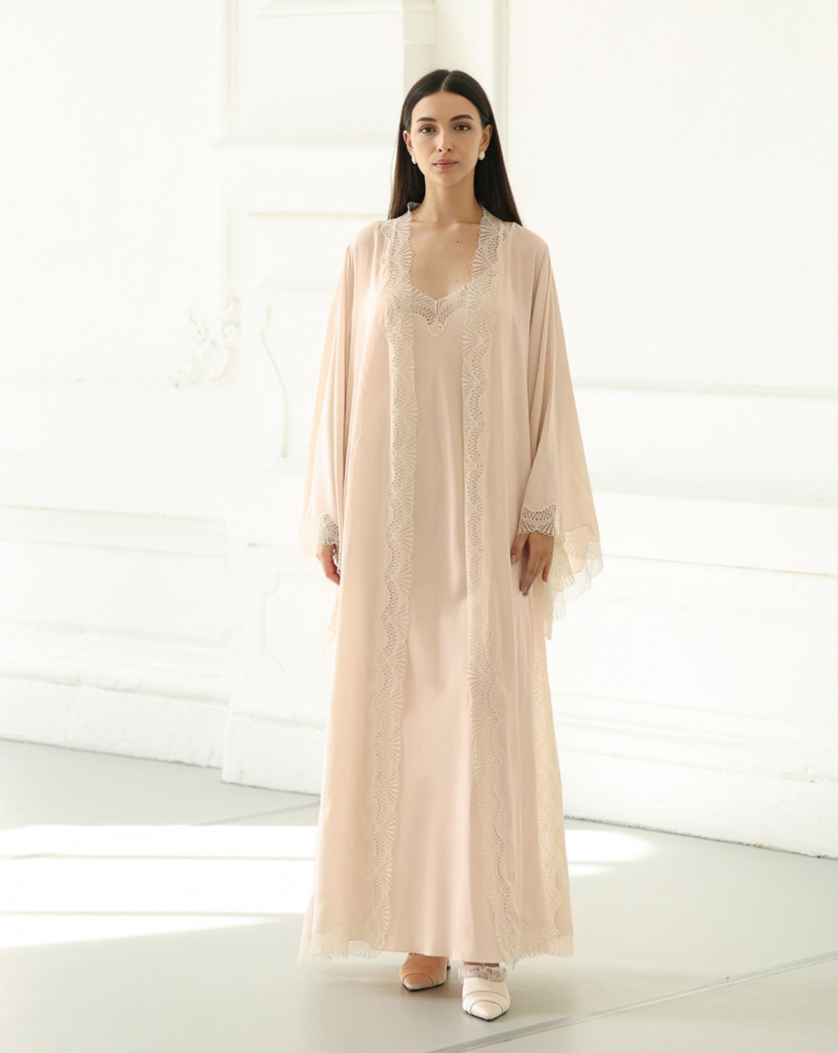 Static front view of the complete Cotton Robe and Nightgown Set, designed for a balance of simplicity and sophistication.