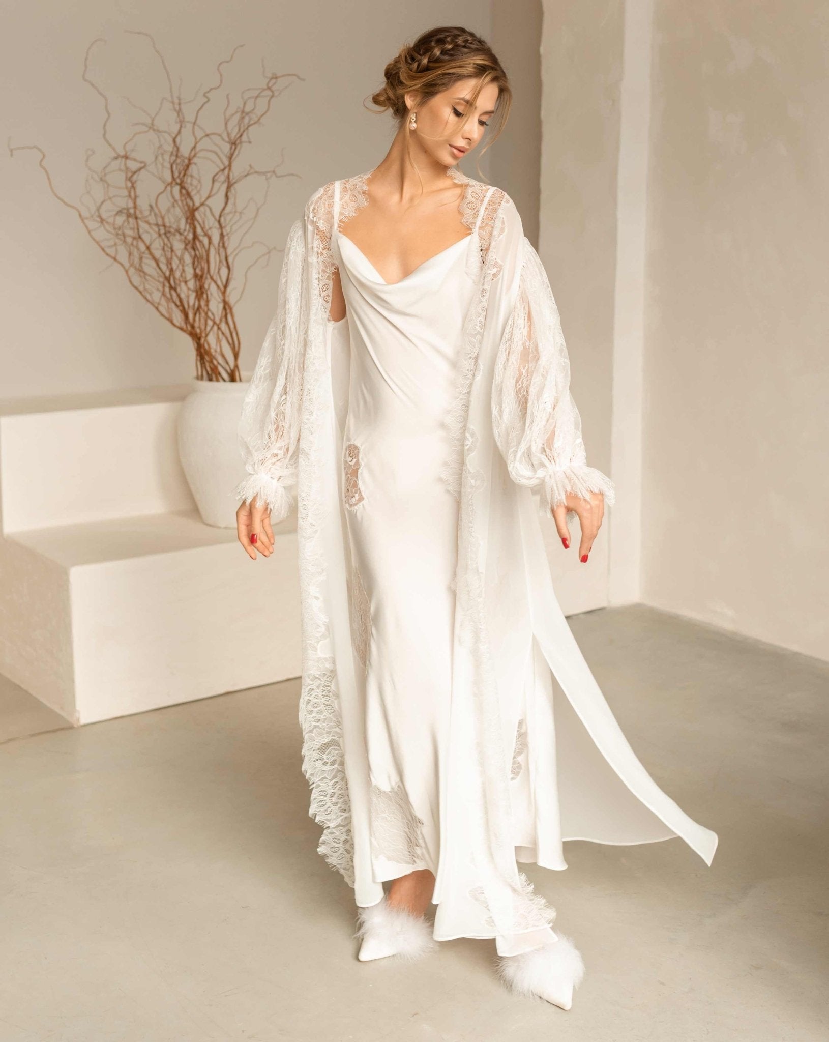 Full-length view of the Bridal Robe and Nightgown Set as the model looks down, showcasing the flowing chiffon silhouette.