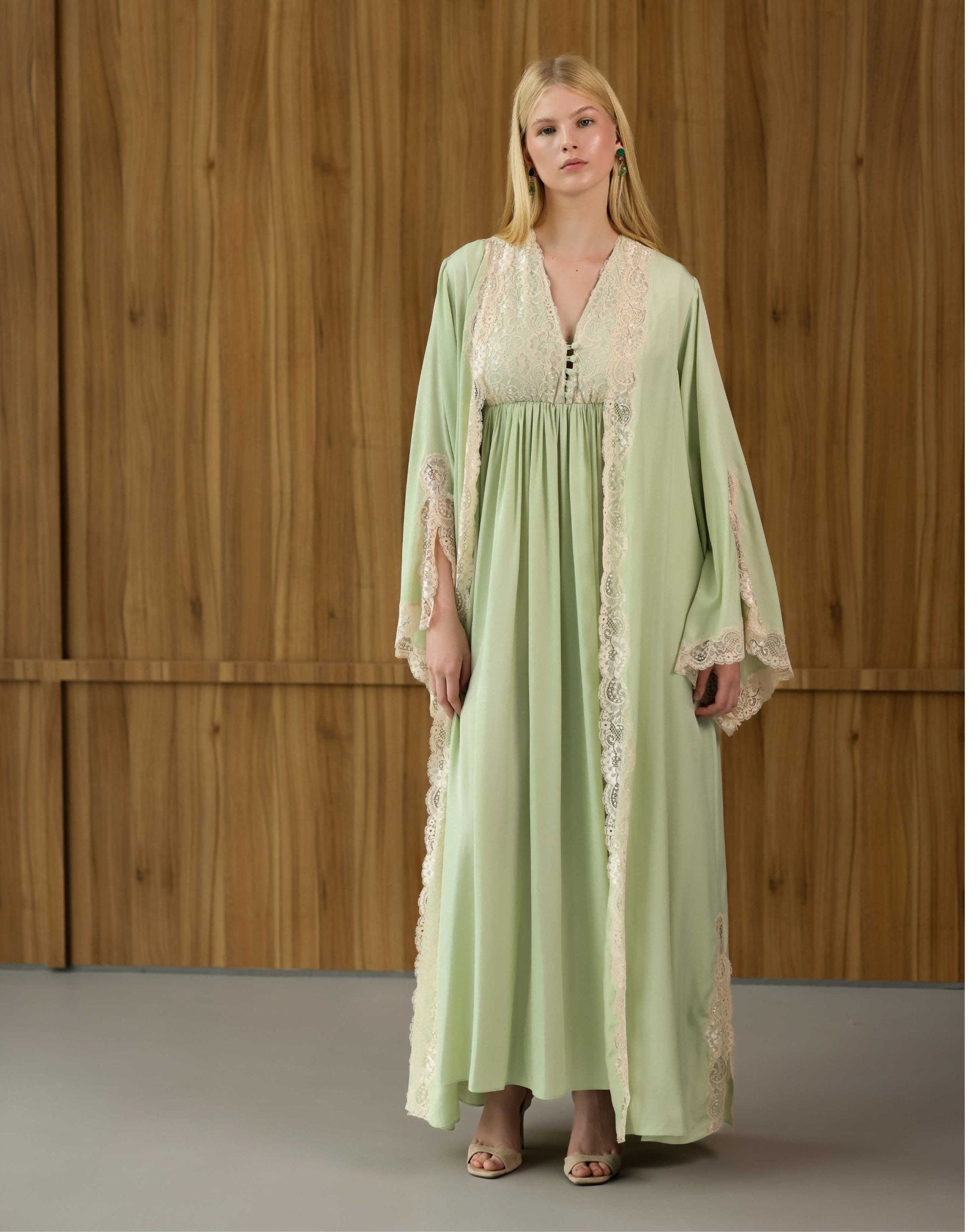 A full-length Robe and Nightgown Set shown in a straight pose, emphasizing the long silhouette and breathable fabric.
