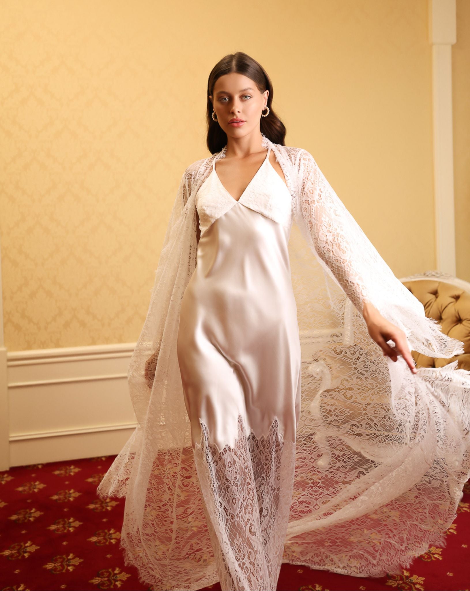 Frontal shot of the Bridal Robe and Nightgown Set in motion, capturing the graceful lines of the bridal-inspired design.