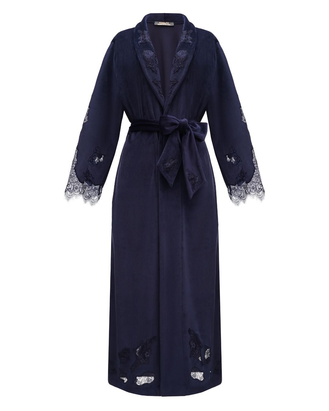 Static view of a blue velvet robe on a plain background, showing the elegant lace collar and long silhouette.