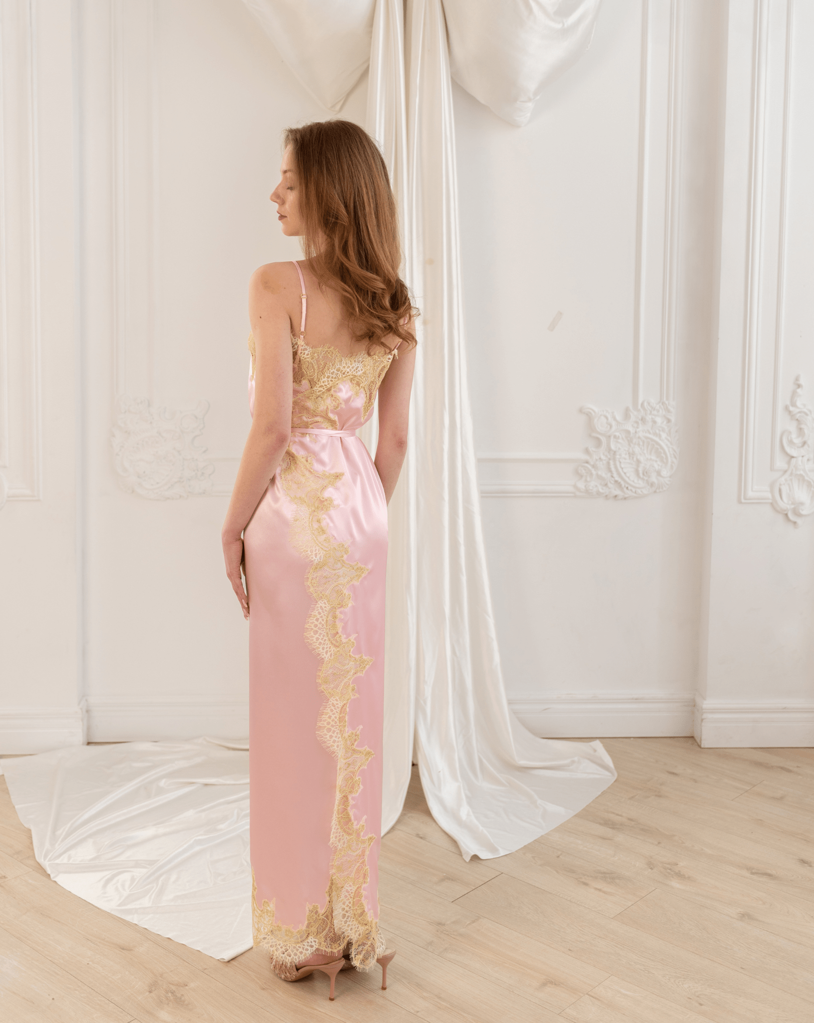 Rear view of the floor-length nightdress, showing the smooth texture and the natural glide of the premium material.