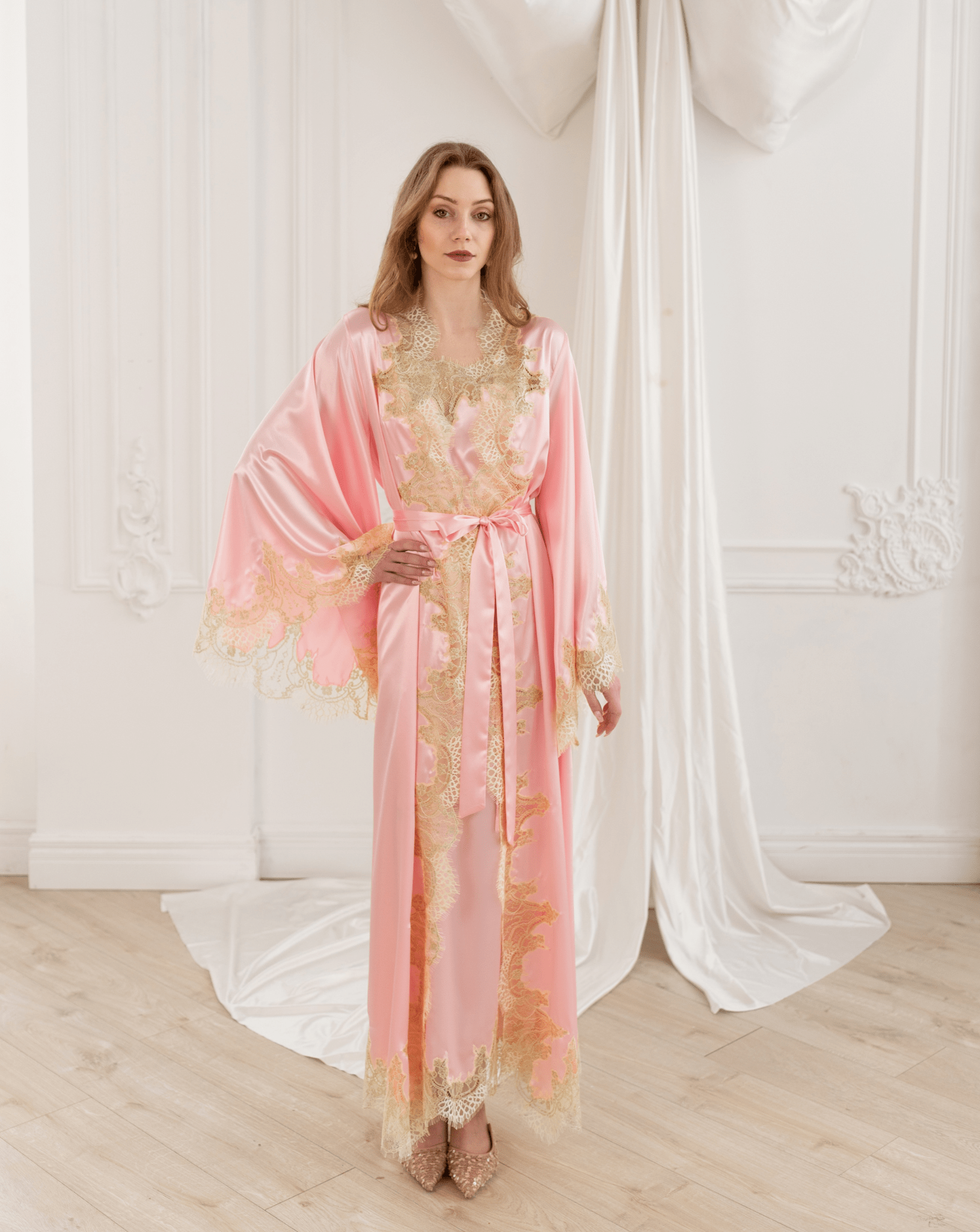 Full-length view of the Robe and Nightgown Set, emphasizing the fine lace work tracing down to the very hem.