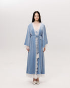 Straight full-length pose in the belted velvet robe, highlighting the lace along the sides and hem.