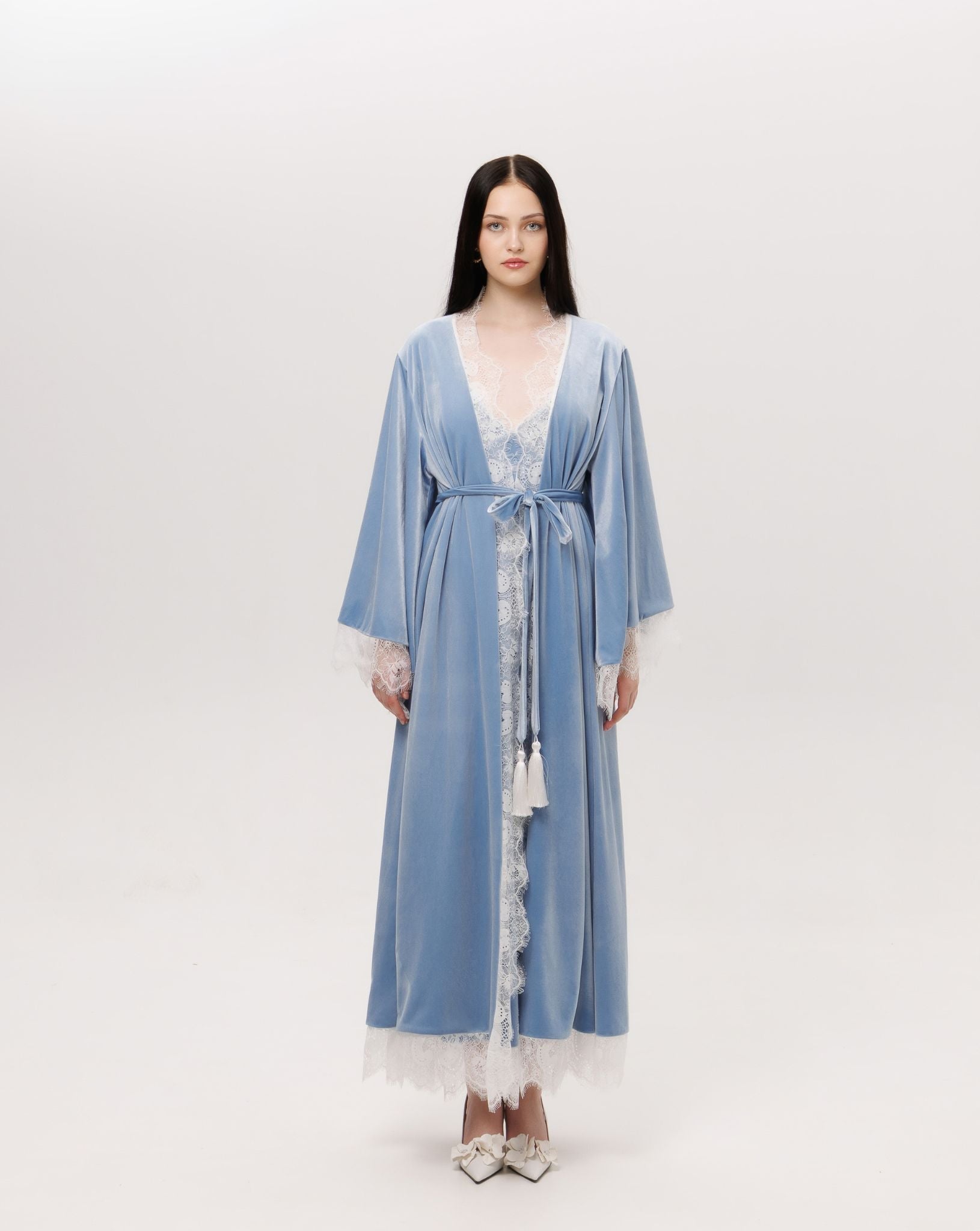 Straight full-length pose in the belted velvet robe, highlighting the lace along the sides and hem.