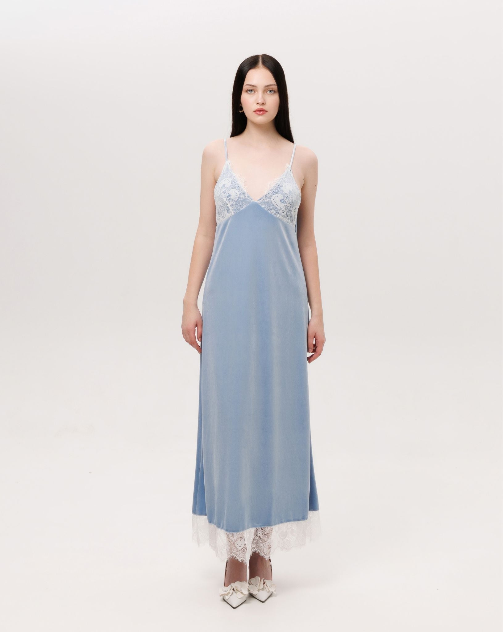 Full-length shot of the velvet nightdress, emphasizing the flattering V-neck and the breathable viscose lining.