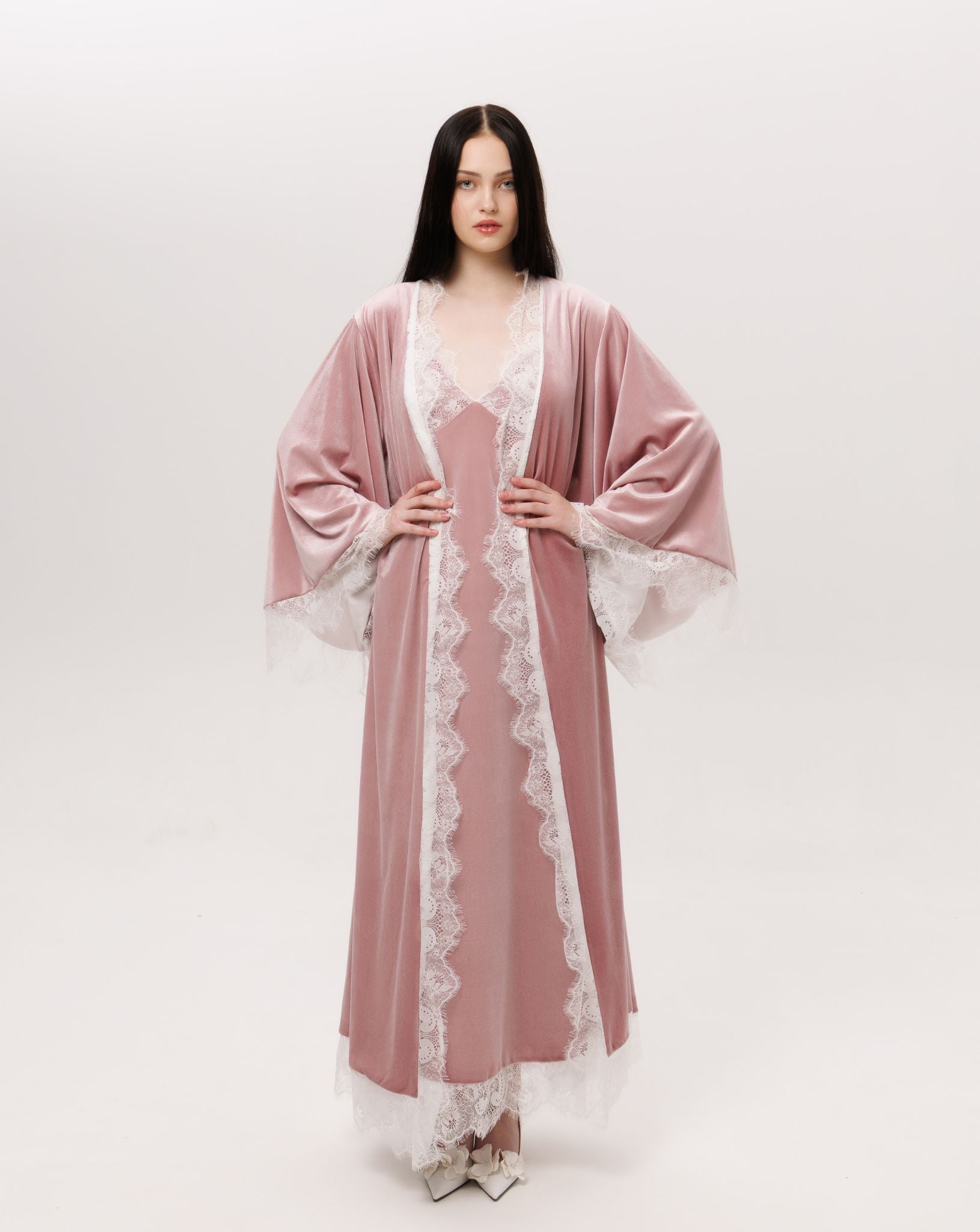Full-length view of the Velvet Robe and Nightgown Set tied with a belt, illustrating a regal loungewear silhouette.