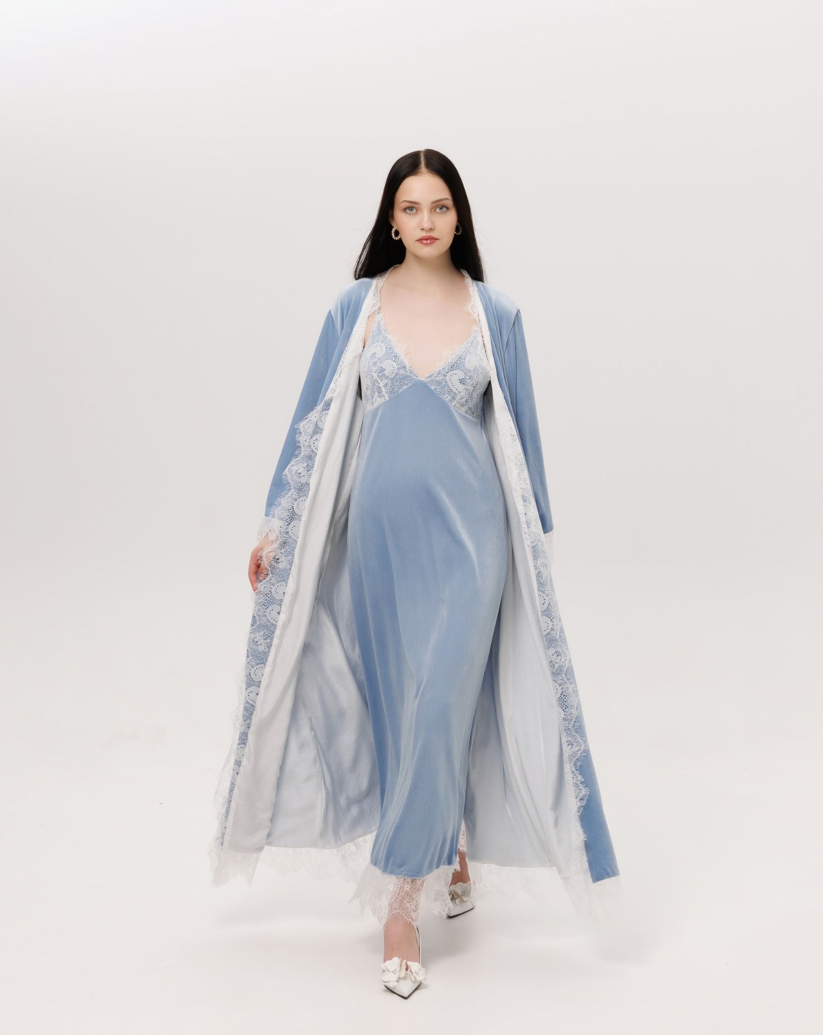 A dynamic view of the Velvet Robe and Nightgown Set in motion, showcasing the flowing silhouette and plush texture.