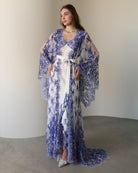 A static frontal shot of the Robe and Nightgown Set tied with a belt, illustrating a neat and sophisticated look.