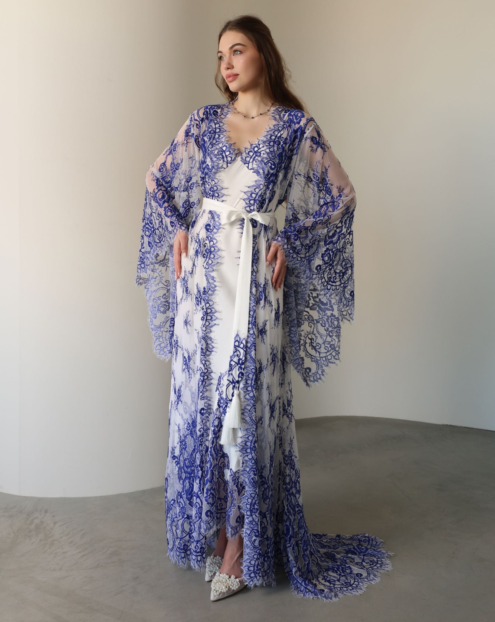 A static frontal shot of the Robe and Nightgown Set tied with a belt, illustrating a neat and sophisticated look.