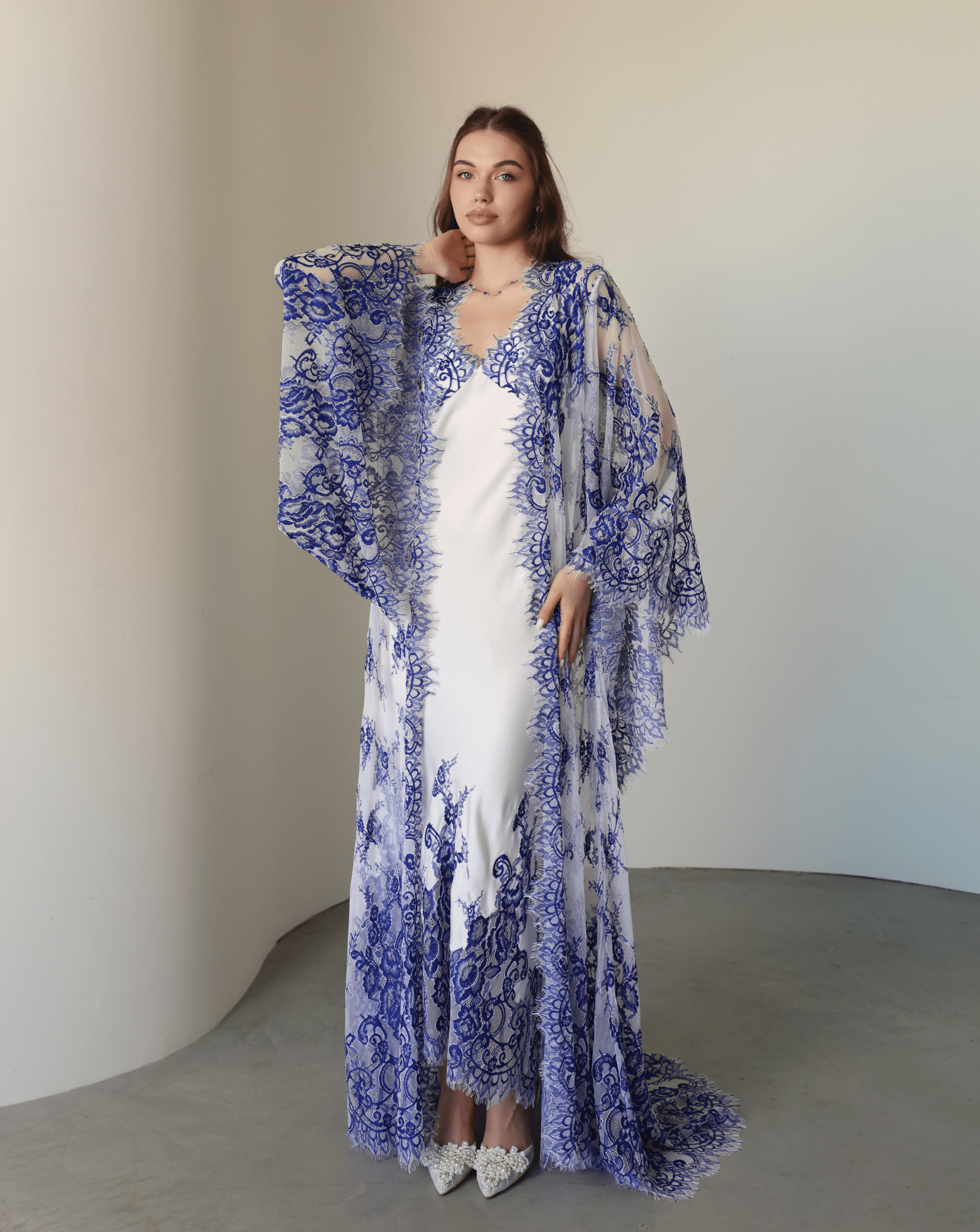 Frontal shot of the Robe and Nightgown Set, showcasing wide lace sleeves and a fluid, light silhouette.