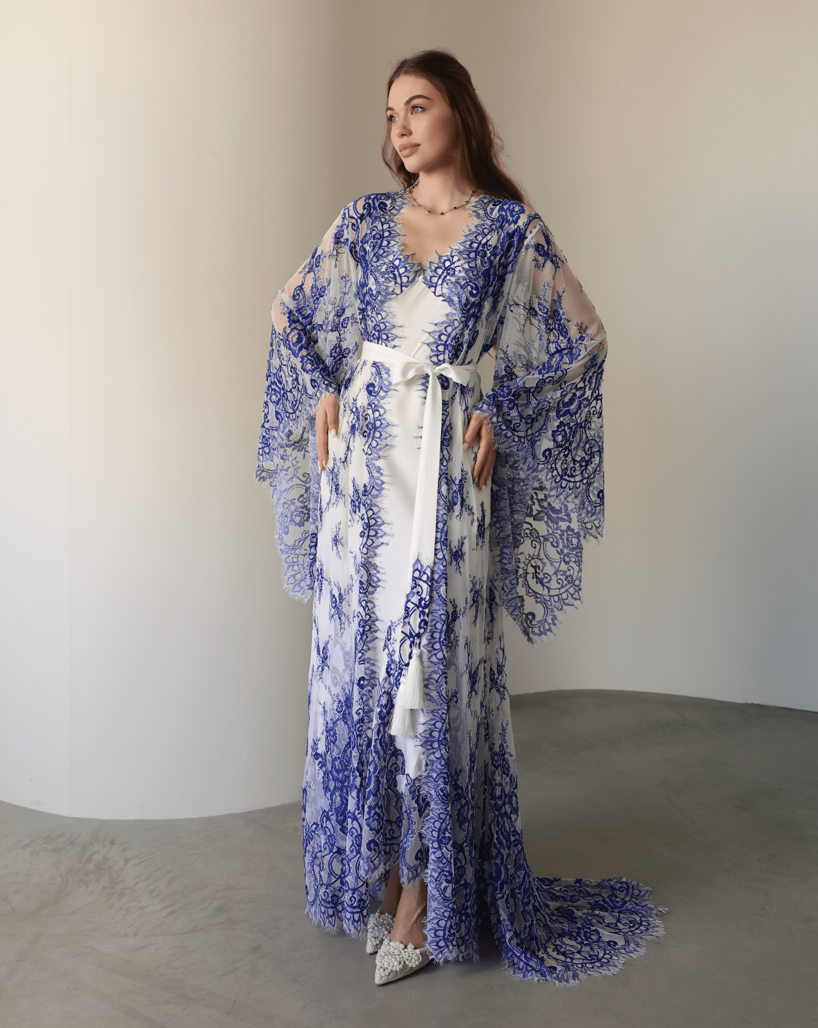 A full-height static shot of the Robe and Nightgown Set tied at the waist, illustrating a neat and elegant appearance.