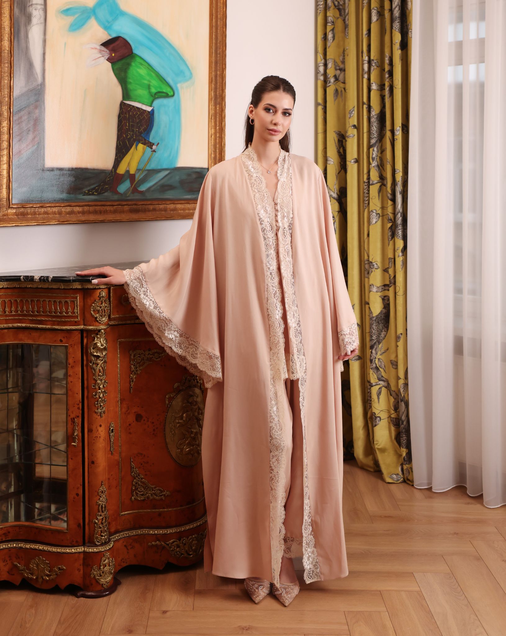 A full-height shot of the elegant ensemble, where the long robe adds a refined layer of grace to the pajama set.