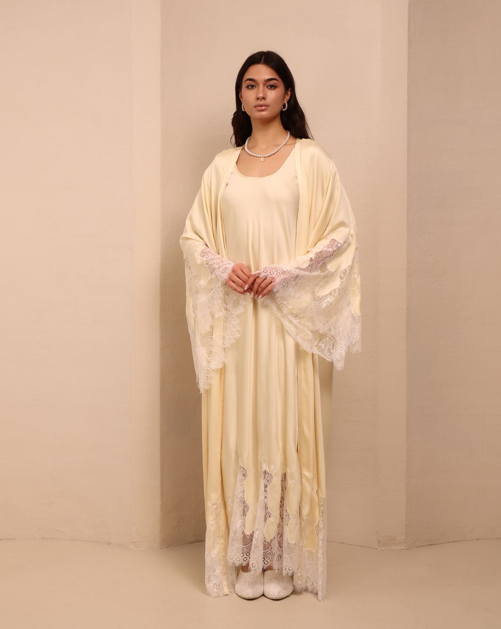 A static frontal shot of the vanilla Robe and Nightgown Set, showcasing the graceful and refined beauty.