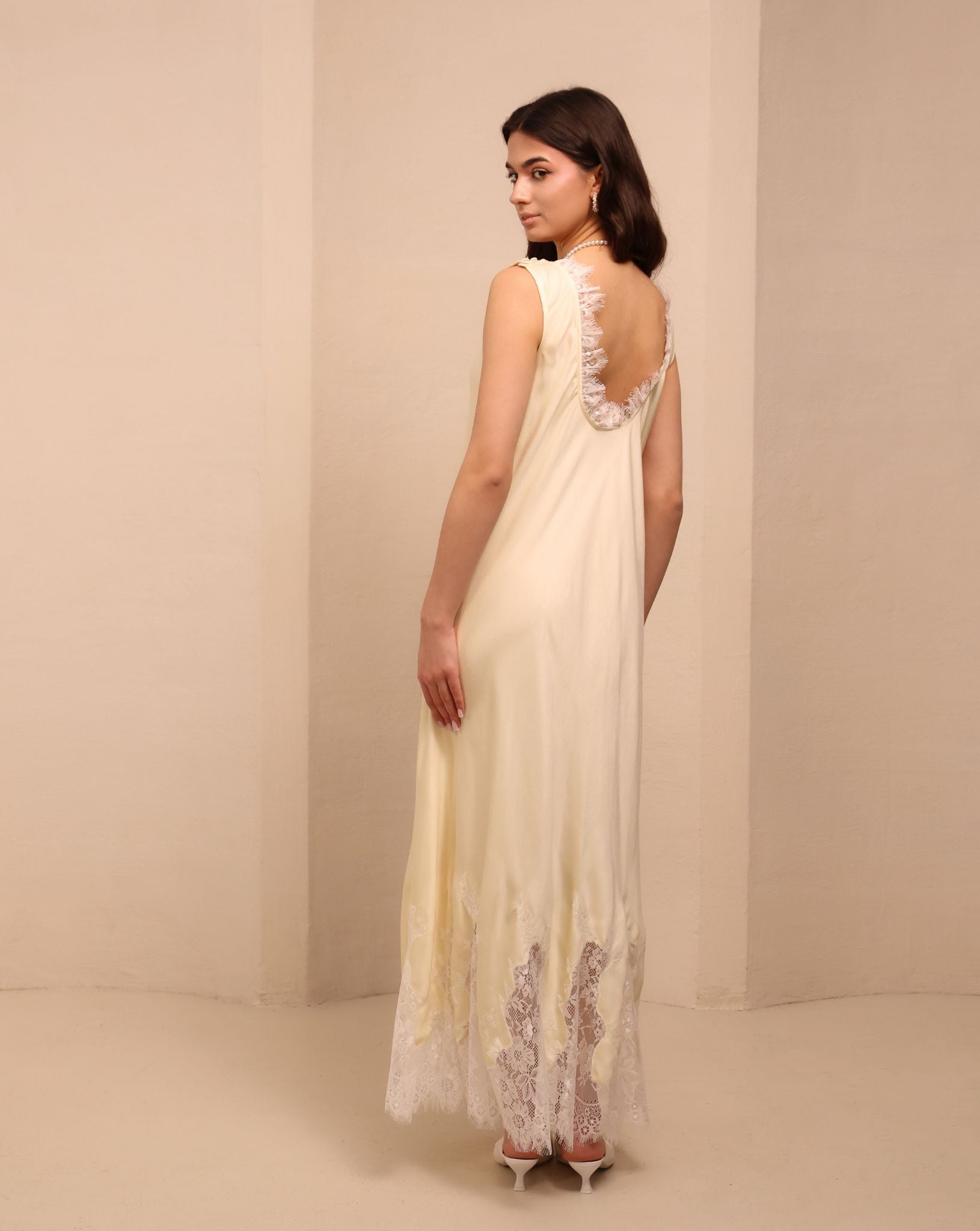 Rear perspective of the nightdress, illustrating the loose, airy cut that ensures all-day comfort for mothers.