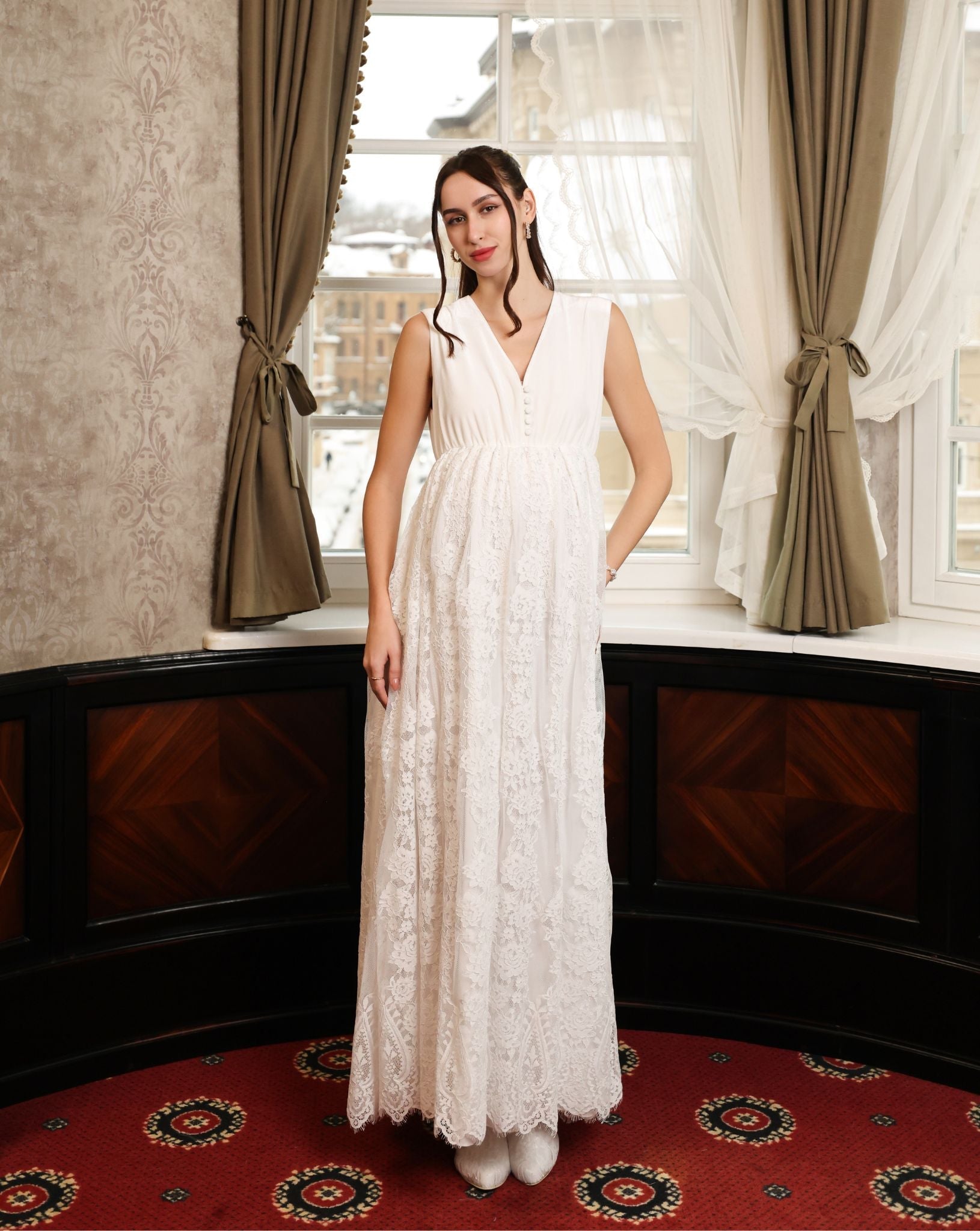 Frontal shot of the velvet top nightgown with a delicate lace skirt, designed for elegance and comfort.