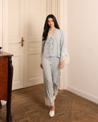 A full-length motion shot of the Pajama Pants and Top, showcasing the fluid viscose and breathable comfort.