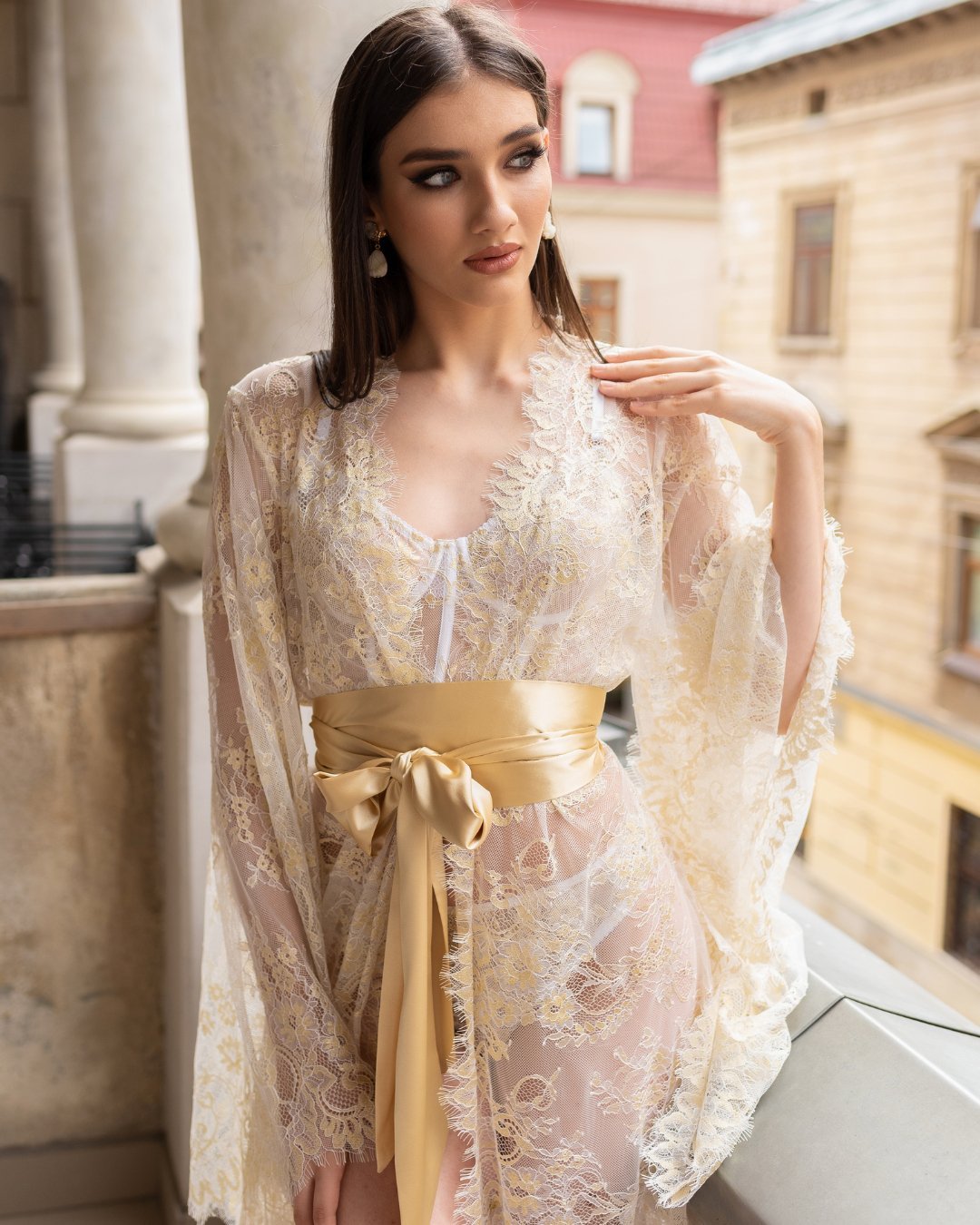 Sheer lace robe with long sleeves and golden sash – Sunrise in Monaco by Kafemme