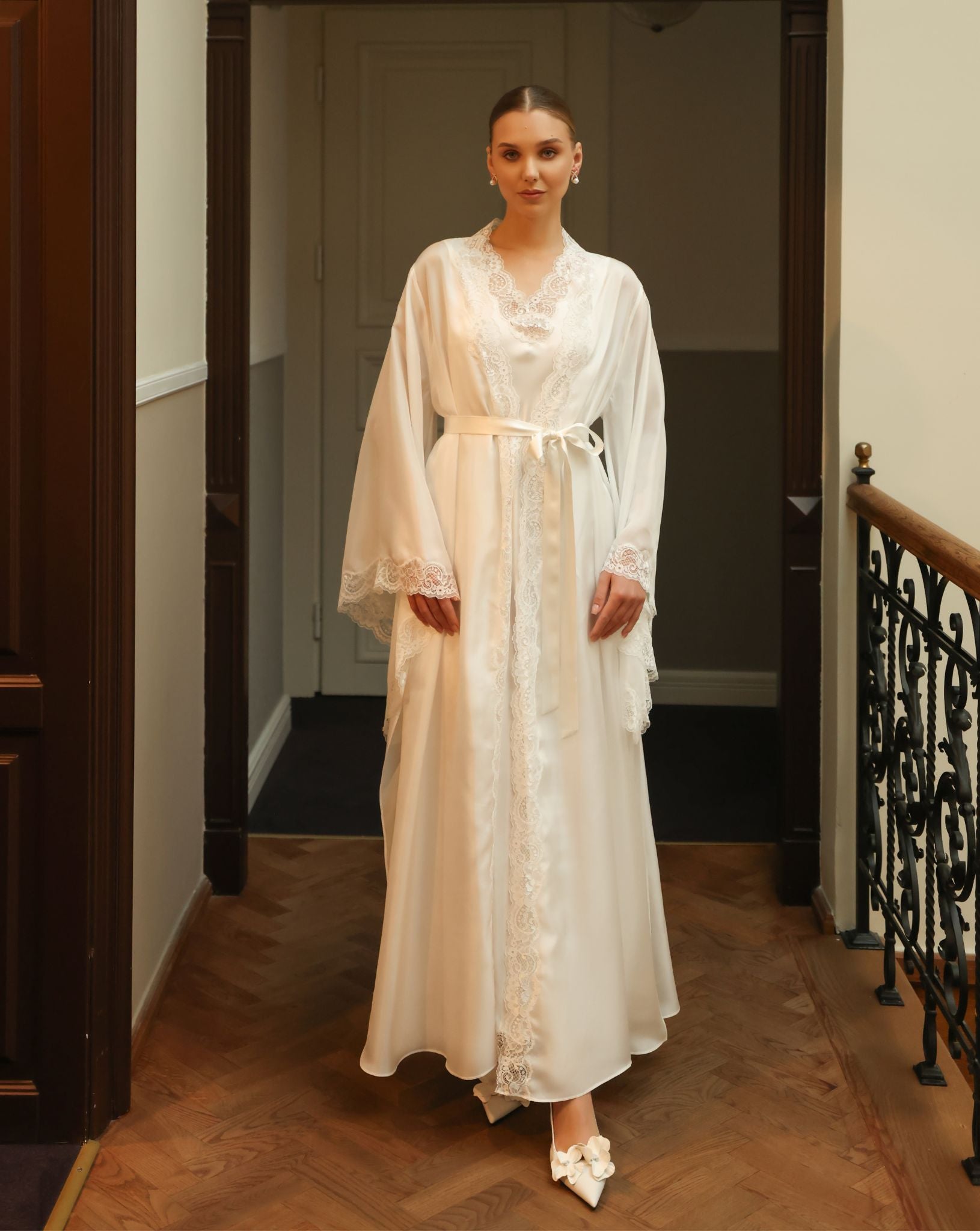 Static full-length view of the elegant silk ensemble, showcasing the smooth satin finish and matching lace trims.