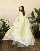 Rear view of the long robe in motion, highlighting the graceful flow and the wide sleeves with lace accents.