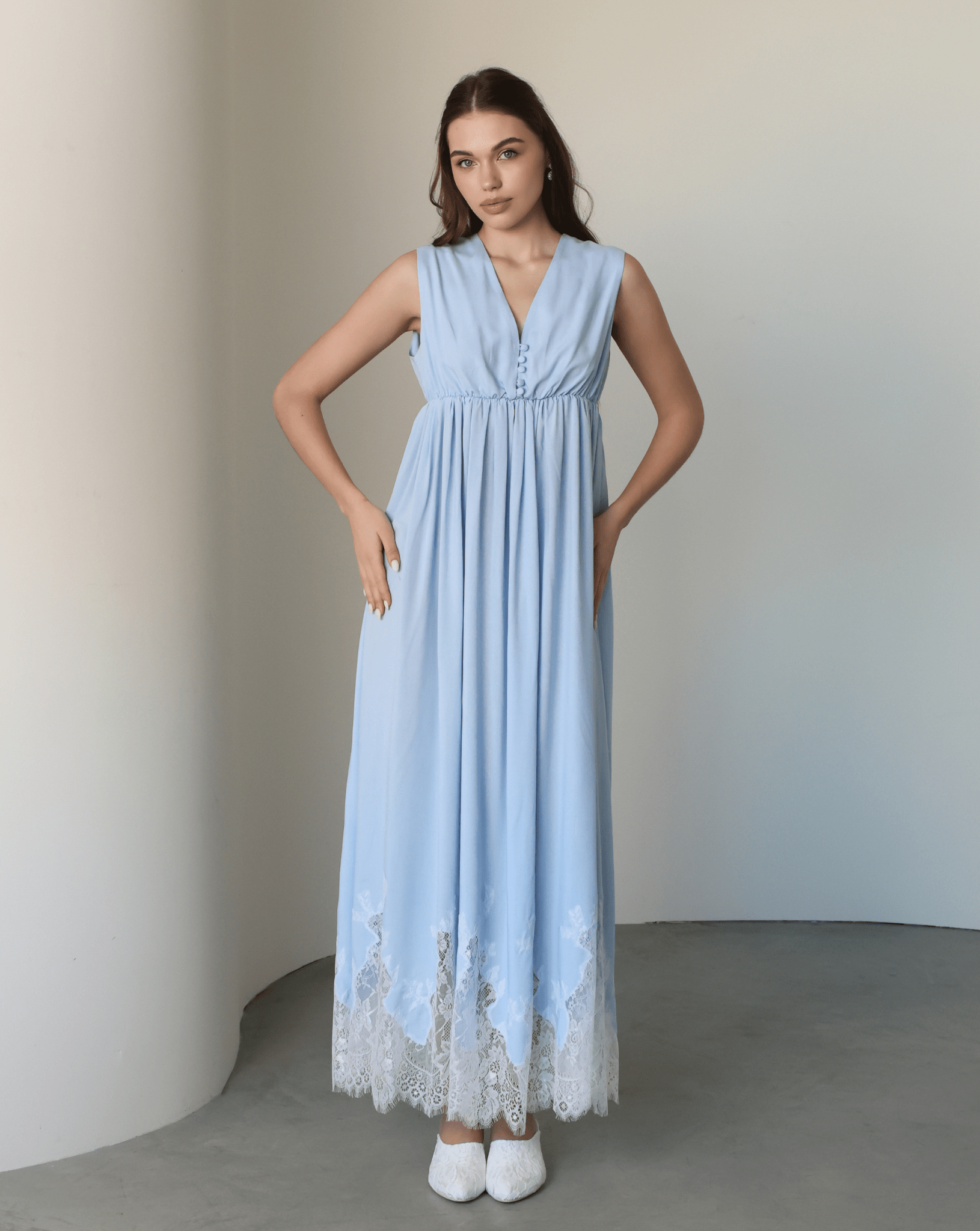 Frontal view of the sleeveless nightgown, featuring hidden front openings for easy and quick nursing access.