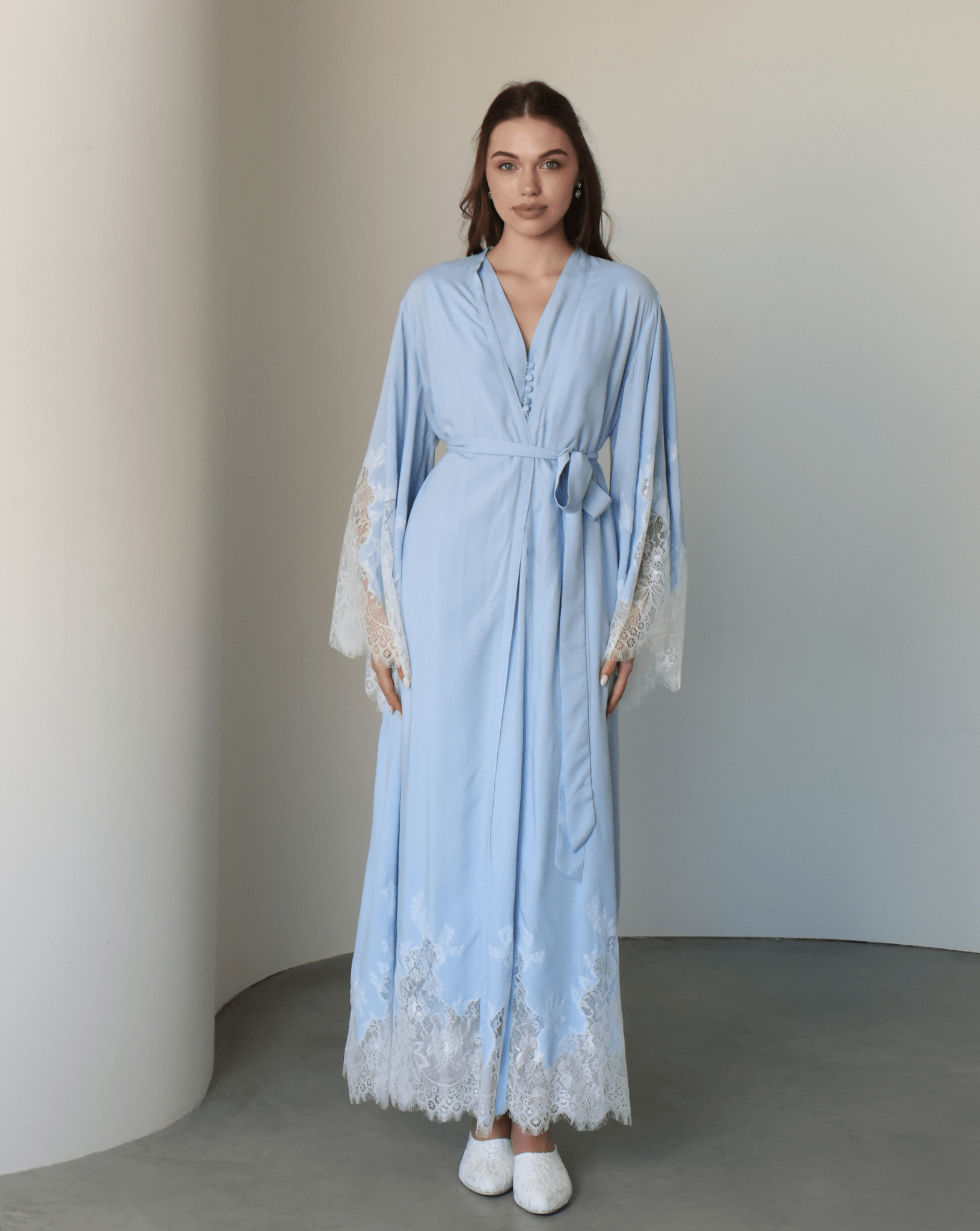 A poised frontal shot of the Robe and Nightgown Set tied with a belt, illustrating a secure and comfortable fit.