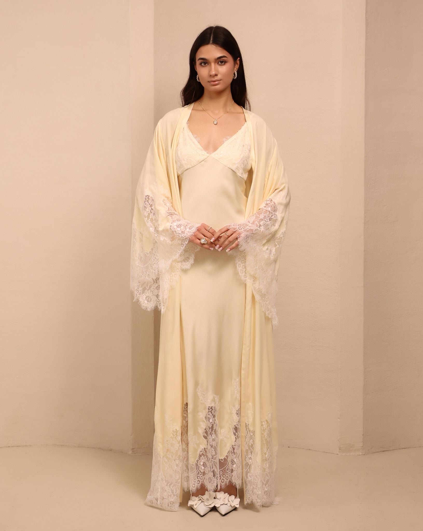 A static view of the open ensemble, showcasing the light and cool fabric that feels gentle on the skin.