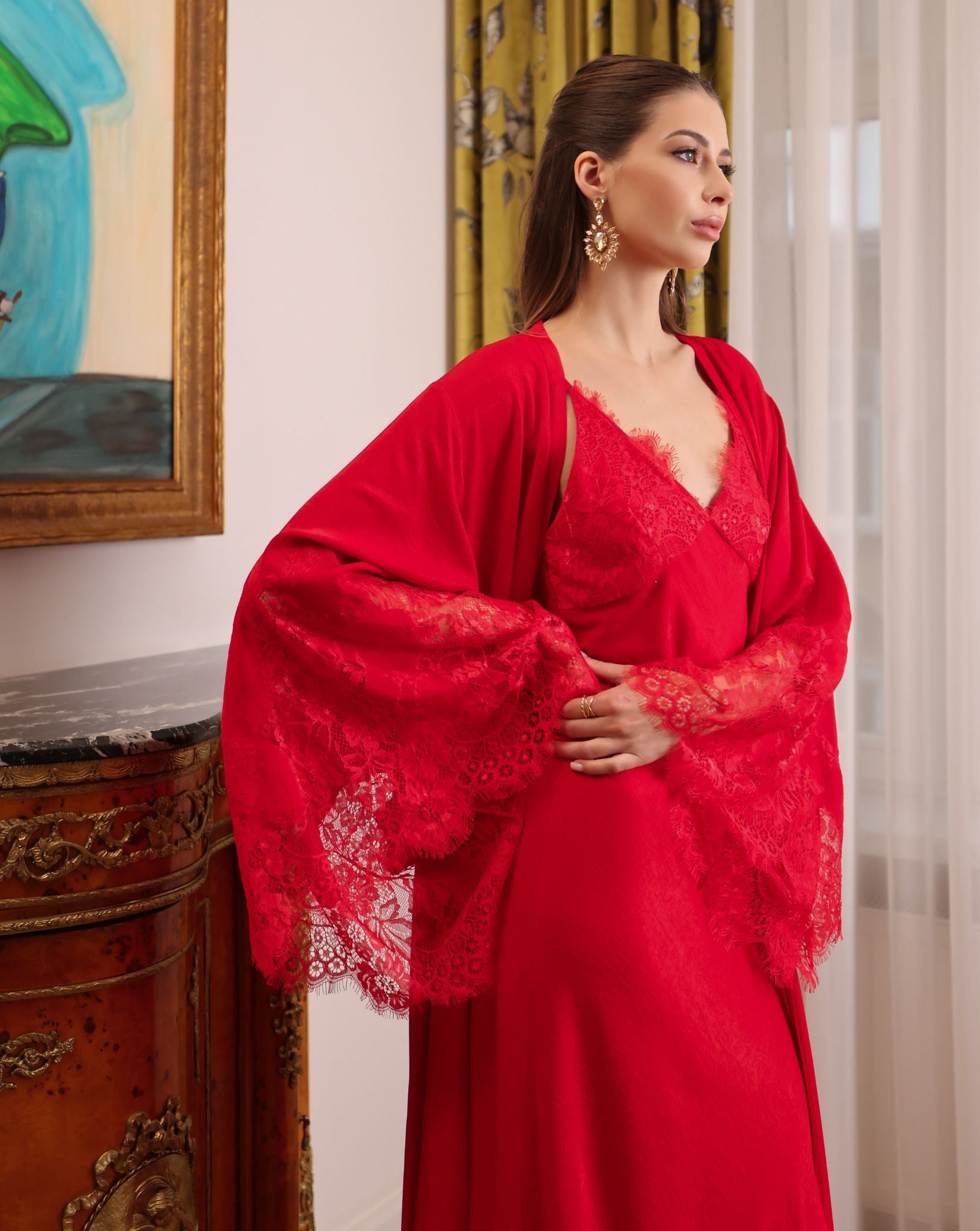 Mid-length shot of the Robe and Nightgown Set, focusing on the wrap-over style and the room to move freely.
