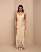 Frontal view of the nightdress, featuring delicate lace that trims the cups and the bottom edge for a fine touch.